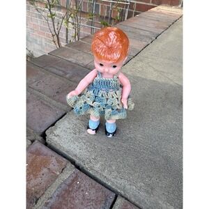 Vintage Knickerbocker Hard Plastic Baby Doll Rattle 6" w/ Crochet Dress